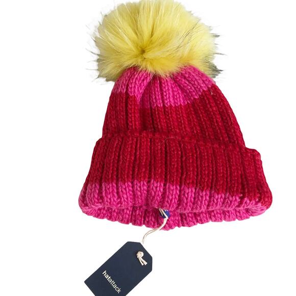 Hat Attack Red Pink Striped Knit Real Fur Pom Pom Beanie Cap winter NWT Barbie main image 8